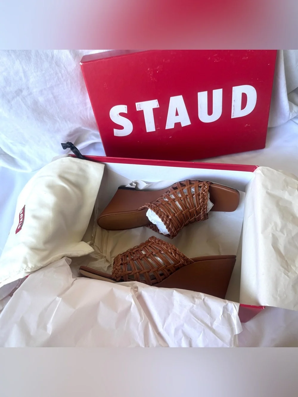 STAUD Blair Woven Wedge Tan Leather